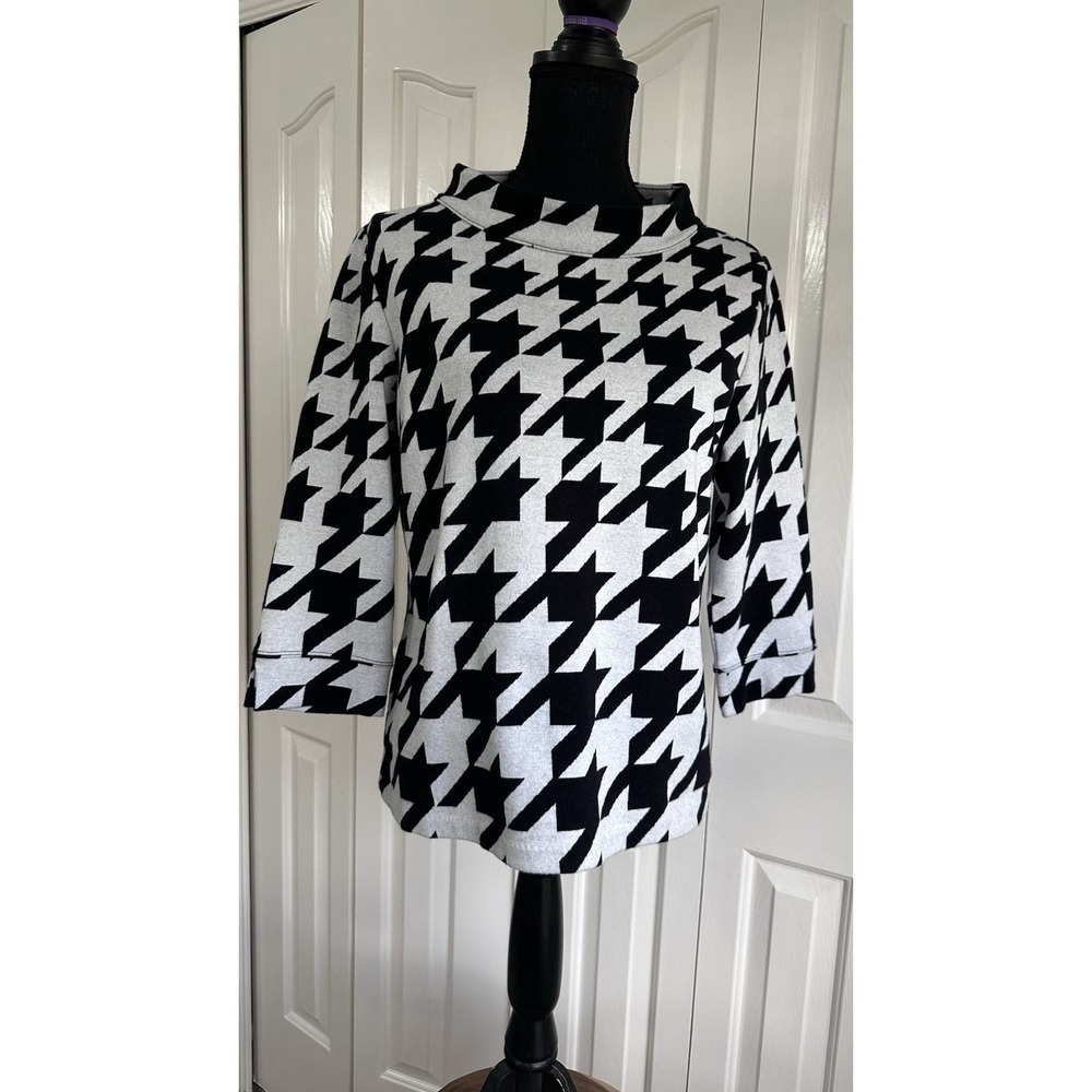 Talbots Houndstooth Mock Neck Pullover Large Petite Black White Sweater Preppy
